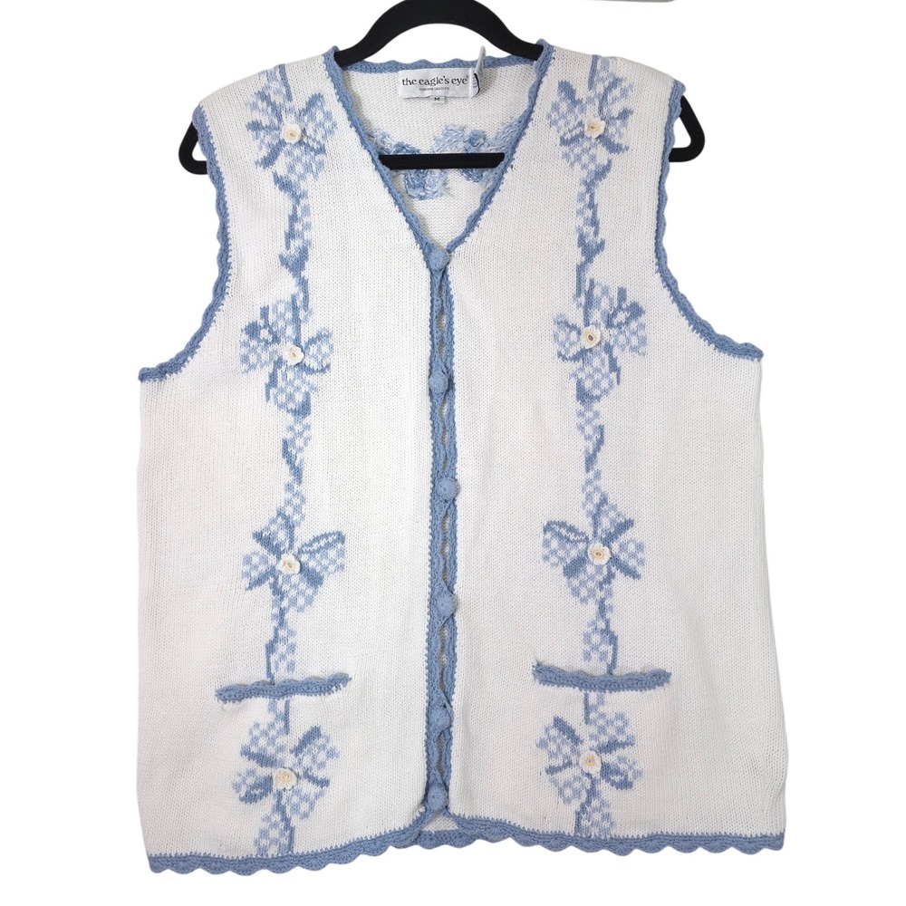 Vintage Eagles Eye White Blue Bow Design Knit Vest M Scalloped Floral